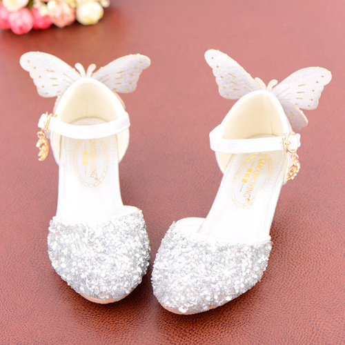 New Children's Princess Shoes Crystal Shoes Student Dance Performance Shoes Silver Girls' Leather Shoes High Heel Children's Shoes