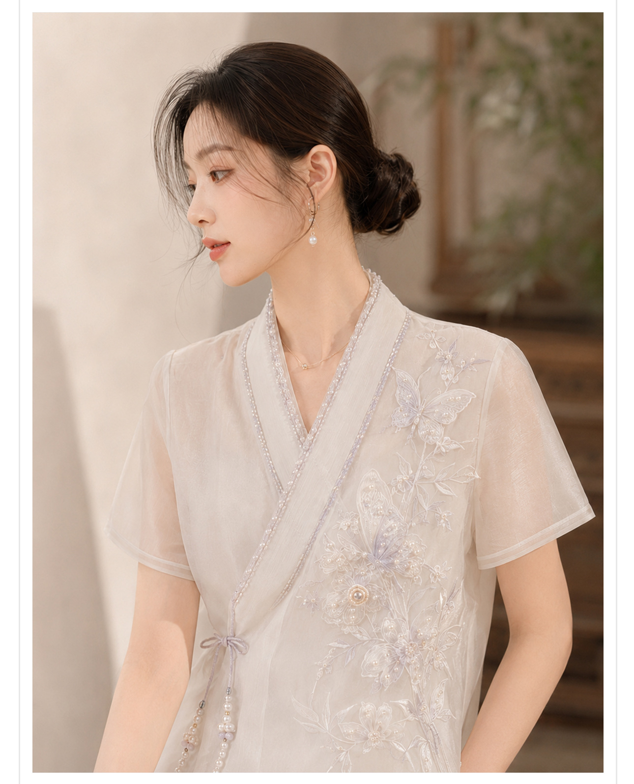 Áo sơ mi nữ cổ chữ V thêu túi, tua nút — màu mơ chi tiết 8