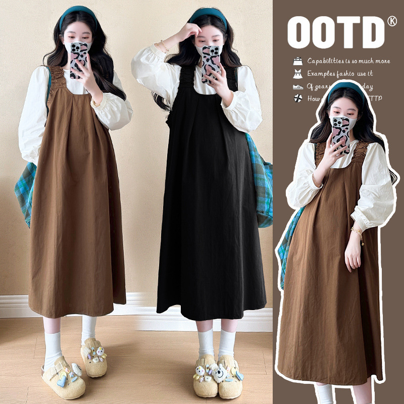 Spring and Autumn Maternity Dress College Style Plus Size Women's Sweet Loose Mid-Length Suspender Skirt Shirt Two-Piece Suit Spring and Autumn Maternity Dress College Style Plus Size Women's Sweet Loose Mid-Length Suspender Skirt Shirt Two-Piece Suit
