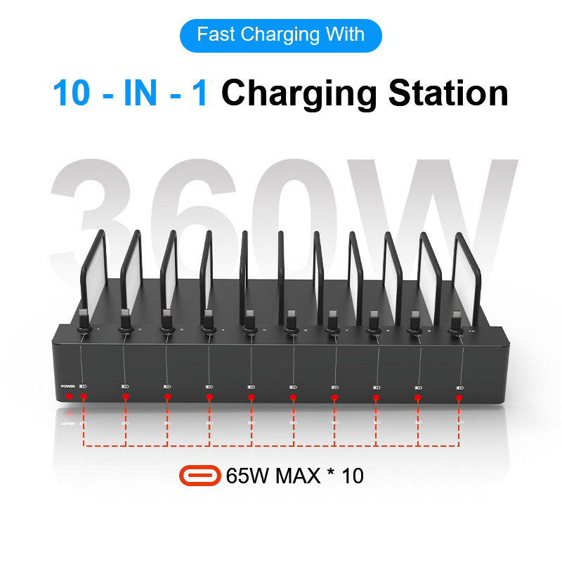 65W Fast Charger Chromebook Tablet 10-Bay Charging Station
