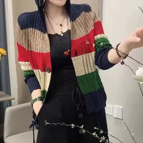 Fashion Striped Hooded Knit Cardigan for Women Spring and Autumn Slim Fit Layered Casual Loose Long Sleeve Sweatshirt