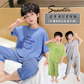 夏装网红男童睡衣中大童儿童学生冰丝空调房薄款家居服青少年套装