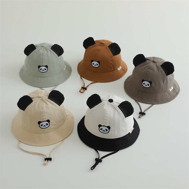 2025 primavera súper lindo sombrero panda para niños bordado gorra de bambú gorra respirable gorra de pescador bebé con cuerda de aire