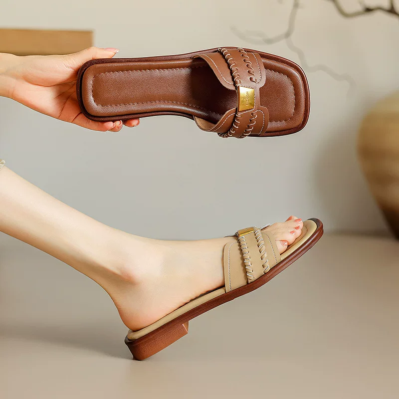 Retro woven summer slippers with a strap, genuine leather
