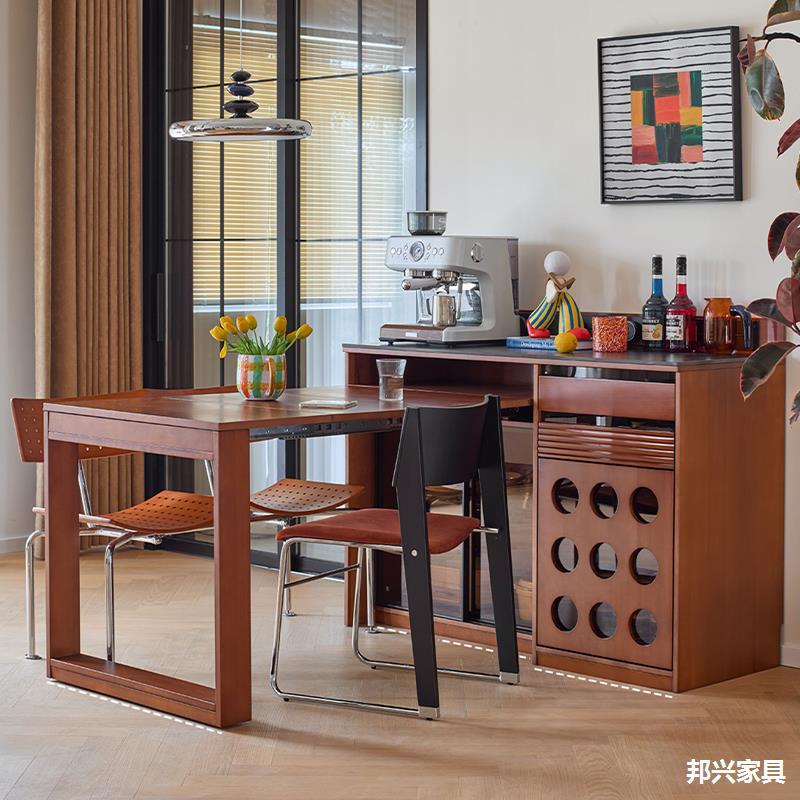 Used Solid Wood Island Dining Table Integrated Multi-Functional Storage Cabinet Household Retractable Sideboard Household Tea Bar