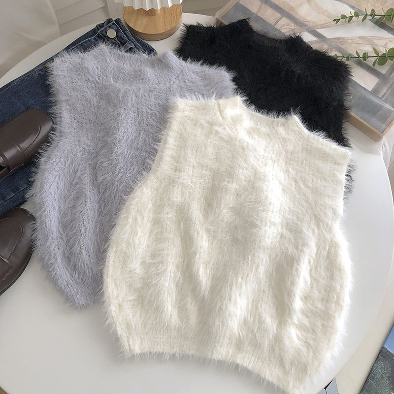 Imitation Mink Hair Sleeveless Knitted Vest Women's 2022 Winter Korean Style Retro All-match Short Pullover Vest Top