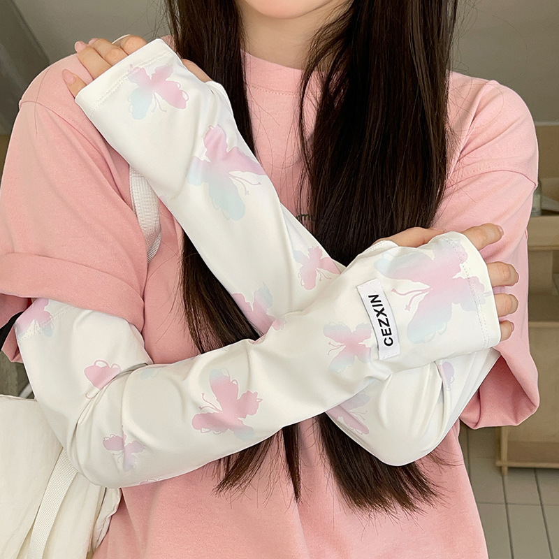 Gradient Butterfly Ice Silk Sun Protection Sleeves Cute Women's UV Protection Gloves Summer Riding Driving Arm Protection Ice Sleeves