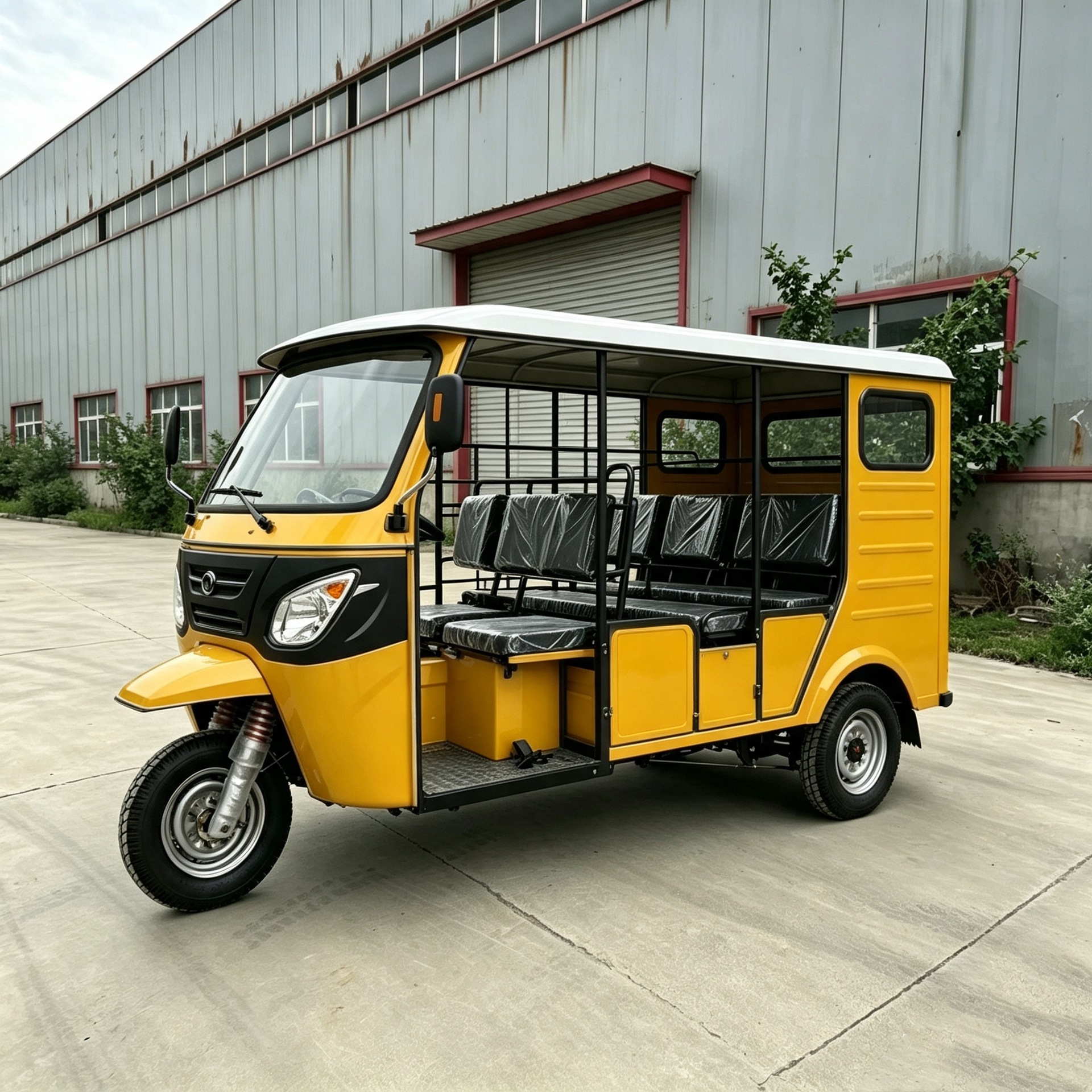 Large-space fuel-powered passenger tricycle taxi with multi-seater rainproof cabin and powerful engine, suitable for rural areas in Africa