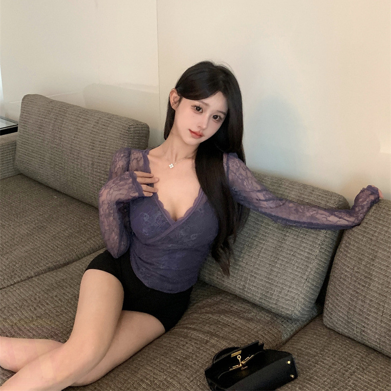 sexy lace purple autumn demi-season short base long-sleeve