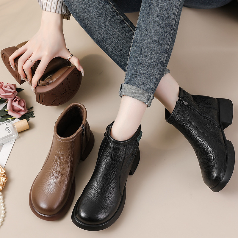 First-layer Cowhide Boots Autum New Medium-heeled Thick-soled Short Boots Thick-heeled Genuine Leather Boots Women's Winter Mom Shoes