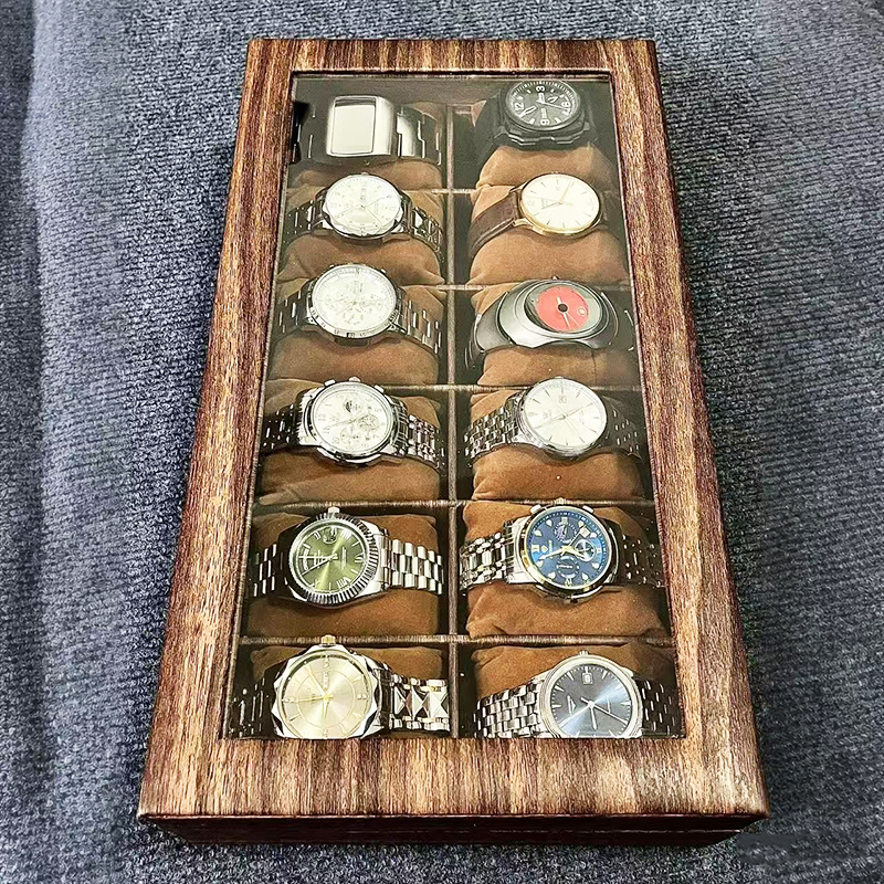 ♔ Retro Wood Grain Watch Storage Box Desktop Jewelry Storage Box Glass Skylight Watch Collection Box Bracelet Display