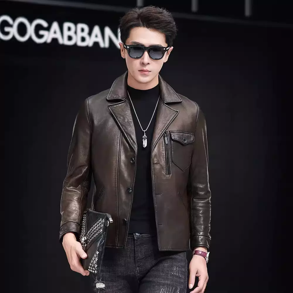 新款皮夹克复古机车外套皮衣纯羊皮复古皮夹真皮皮衣男青年潮流