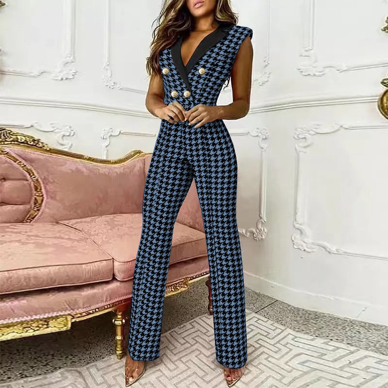 Damen Jumpsuit Mit Karomuster Und V-ausschnitt Ärmellos_voghion.com