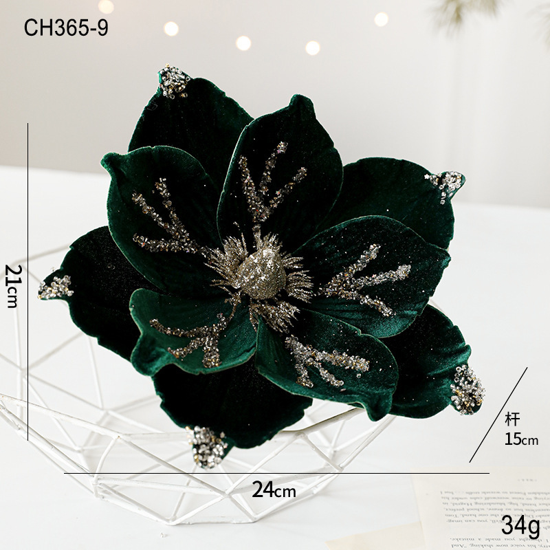 新品24CM粘粉植绒圣诞花玉兰花高档轻奢布艺圣诞节装饰品仿真花|undefined