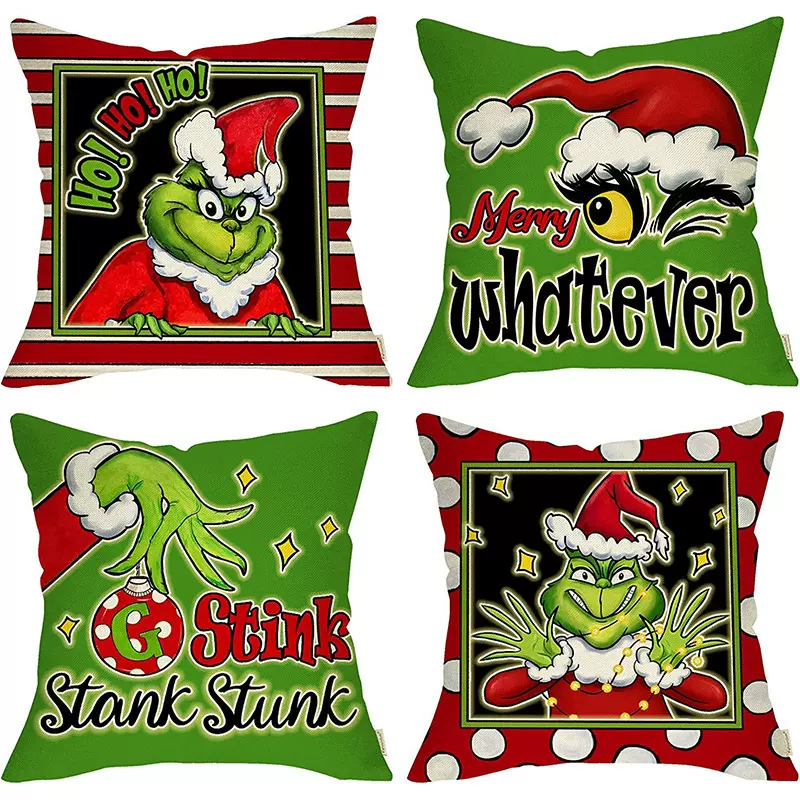 格林奇亚麻抱枕套圣诞节日氛围装饰品靠枕套搞怪卡通印花抱枕套