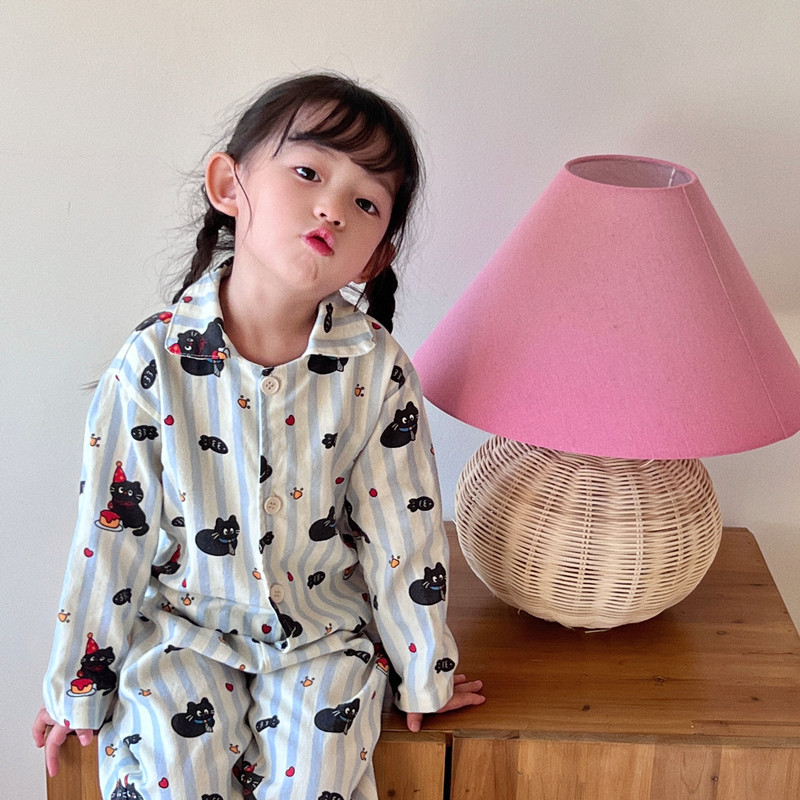 Bộ quần áo mặc nhà trẻ em, đồ ngủ phong cách Hàn Quốc mùa xuân thu, đồ mặc điều hòa dài tay hoạt hình cho bé trai và bé gái, đồ mặc điều hòa cho bố mẹ và con cái