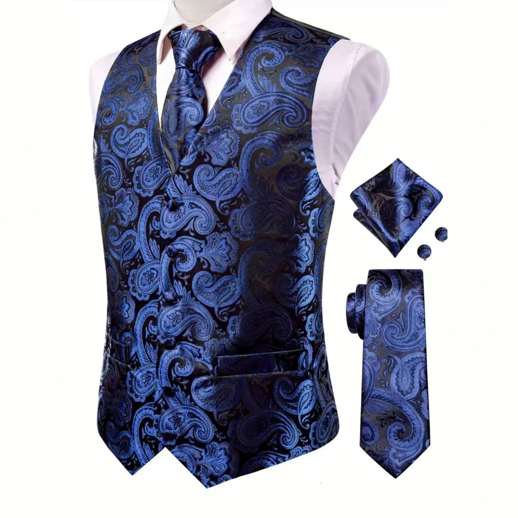 Anzugset mit Weste, Krawatte, Einstecktuch und Manschettenknöpfen im Paisley-Muster für Herren – Business Casual, Hochzeitskleidung_voghion.com