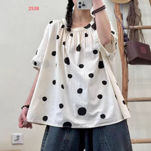 夏季新款法式甜美宽松圆领短袖波点衬衫宽松显瘦圆点印花减龄衬衣