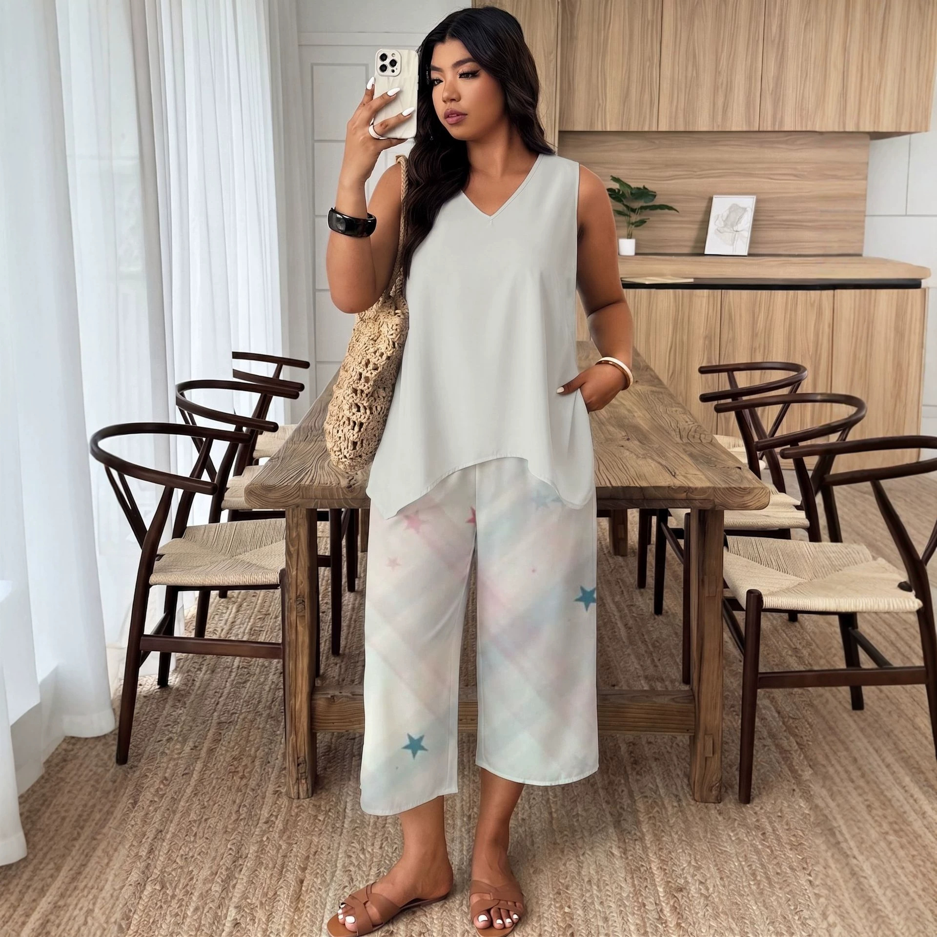 Original Women's Summer Outfit: Sleeveless V-neck Asymmetrical Top With Gradient Plaid And Star Print, Wide-leg_ecoleips.com