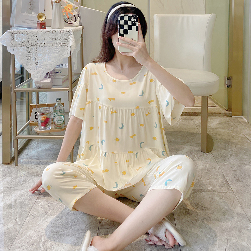 New Summer Women's Pajamas Short-sleeved Cropped Pants Suit Full-length Cotton Silk Fresh Sunshine Pastoral Style Home Clothes Sales
