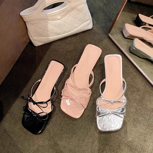 Sheepskin ~ Grape Mom Height Increasing 3.5cm Square-Toe Bow Wedge Slippers for Women, Summer Outdoor Strap Sandals