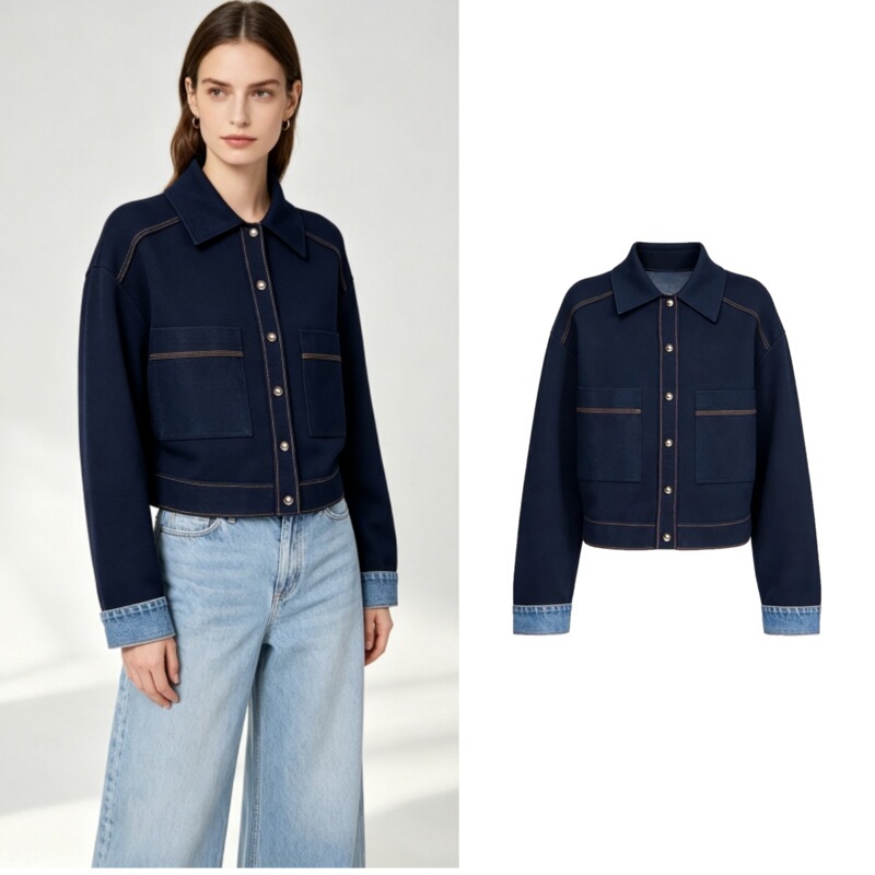 Cross-Border 2026 Autumn New Women's Fashion French Retro Denim Patchwork Design with Visible Stitching and Turn-Down Collar Knit Cardigan for Women Cross-Border 2026 Autumn New Women's Fashion French Retro Denim Patchwork Design with Visible Stitching and Turn-Down Collar Knit Cardigan for Women