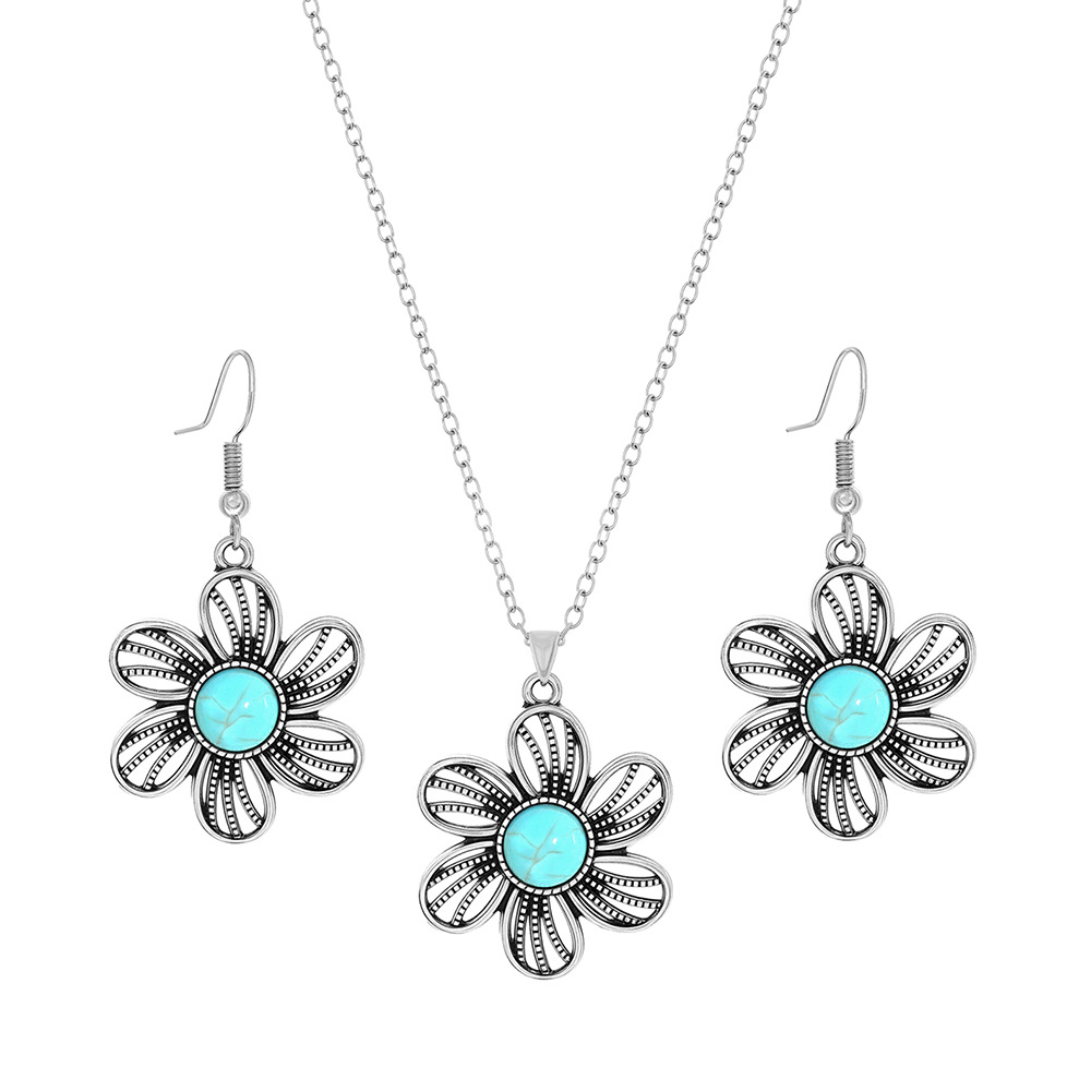 Cross-border Amazon popular estilo étnico pendientes europeos y americanos turquesa retro estilo nacional pendientes collar traje joyería