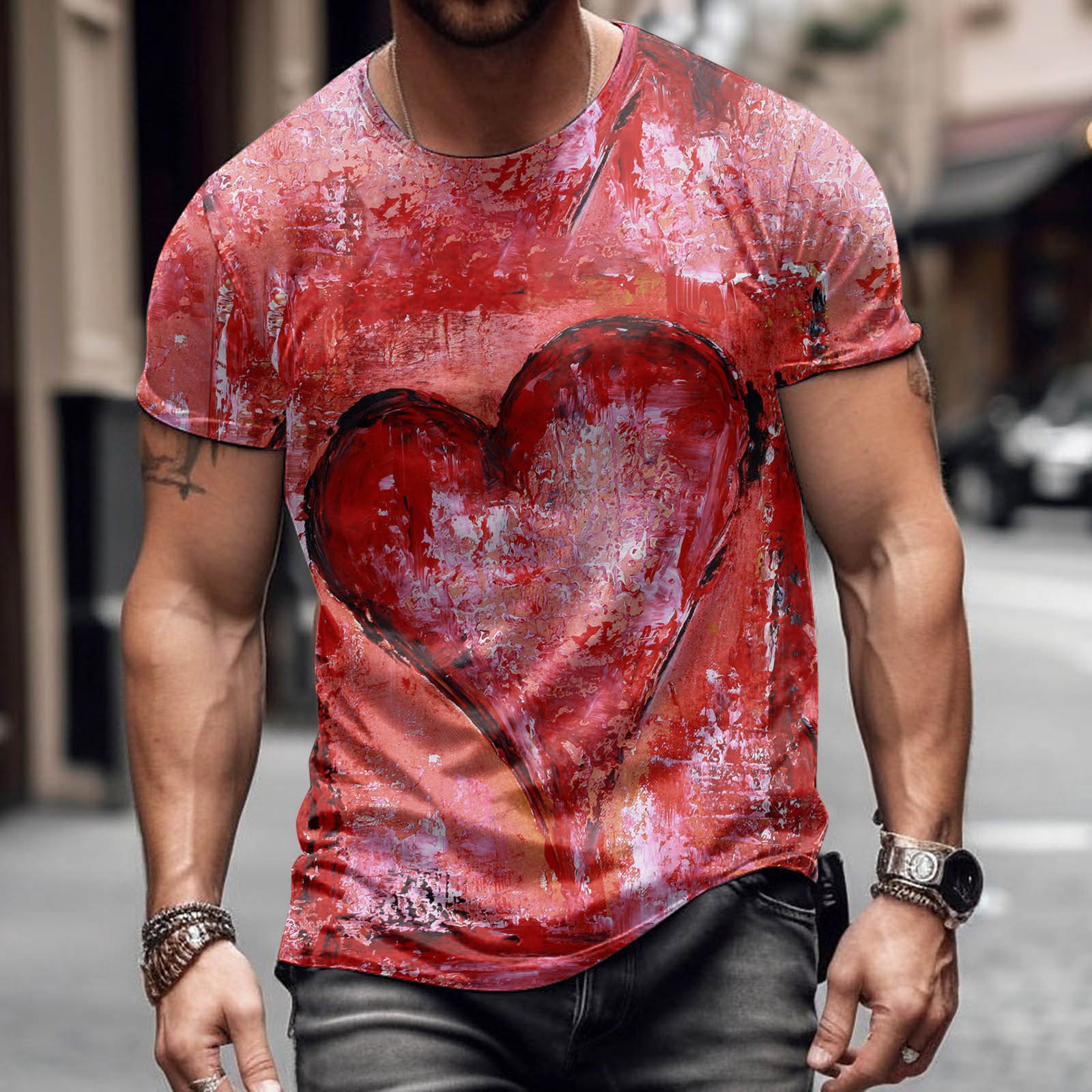 Moda romántica Día de San Valentín colorido amor 3D cepillado lleno de impresión de los hombres calle alta suelta transpirable camiseta de manga corta en stock