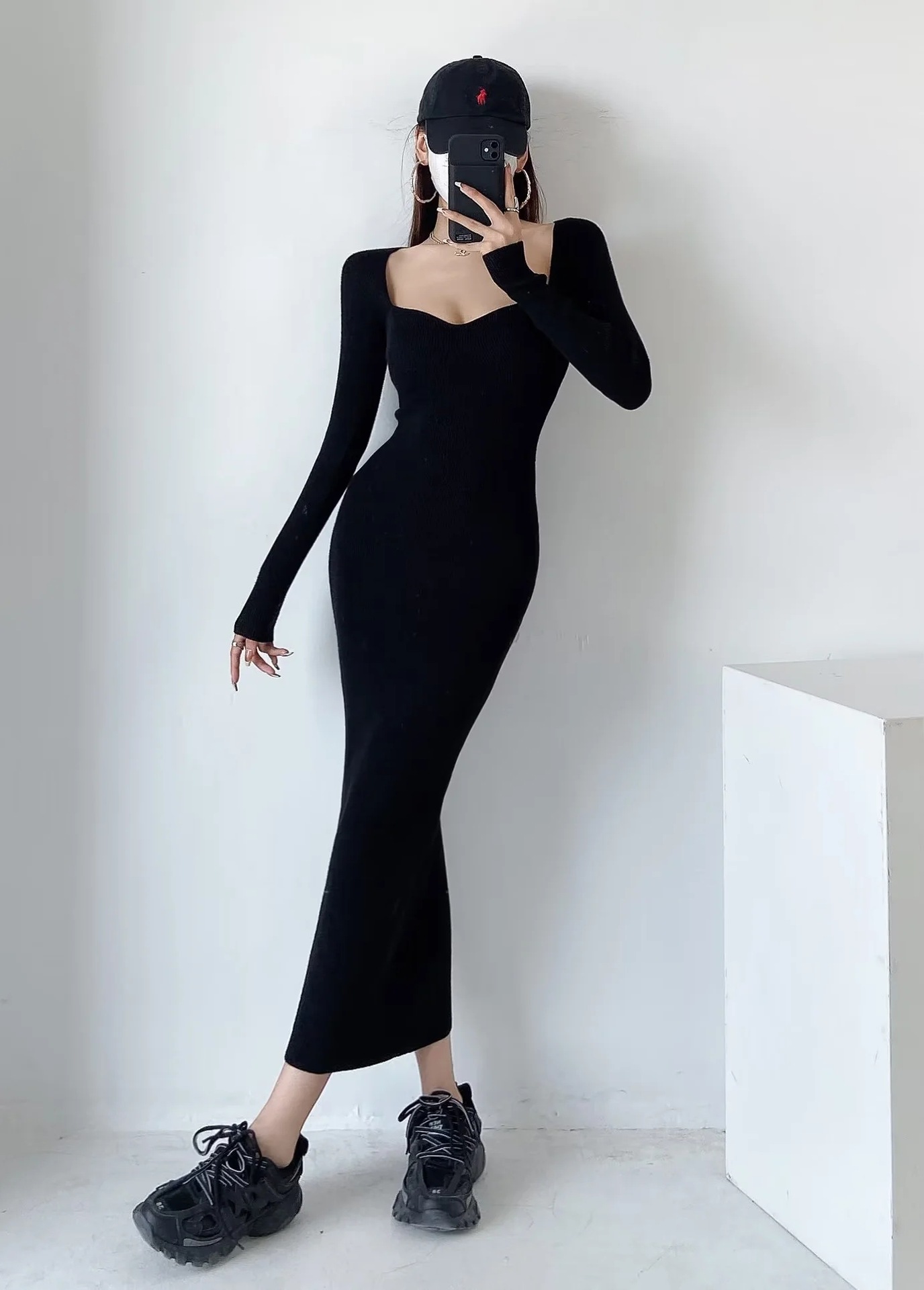 solid color square collar long-sleeved slim long bottoming knitted dress NSZQW138947