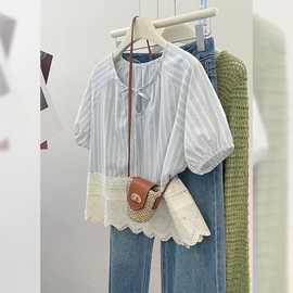 胖MM300斤超大码条纹蕾丝刺绣短袖衬衫女夏泡泡袖娃娃衫宽松上衣