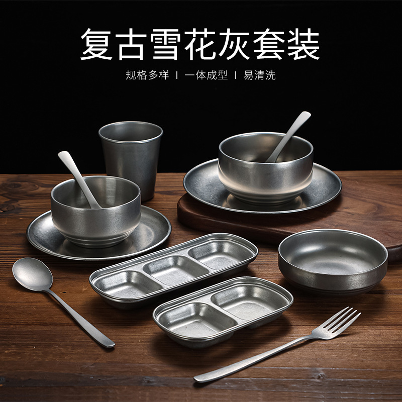Vintage 304 Stainless Steel Tableware Old Bowl Water Cup Bone Dish Chopsticks Spoon Long Square Plate Japanese Style Barbecue suit