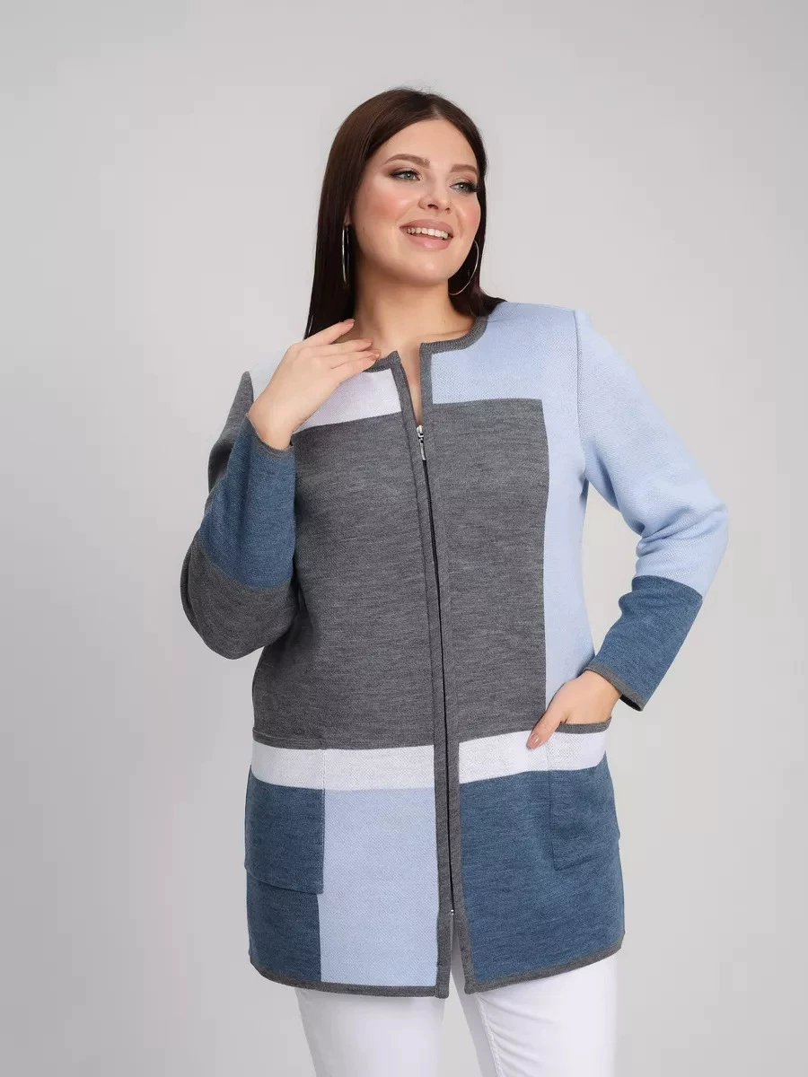 Кардиган теплый больших color block large size knitted jacket