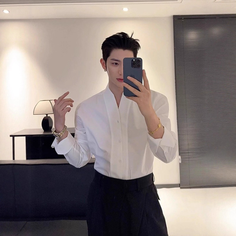 French Stand-Up Collar Men's White Long-Sleeved Shirt Men's High-End Yuppie Style Suit with Slim Collarless Shirt Trendy