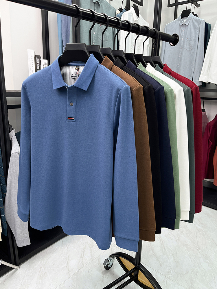 Áo polo nam dài tay cổ bẻ 100% cotton đánh bóng, form regular — nâu vàng chi tiết 3