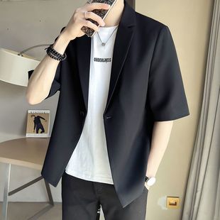 [Three-Piece Set] Summer Men's Large Size Pure Color Single Button Five-Quarter Sleeve Suit Men's Casual Small Suit Jacket