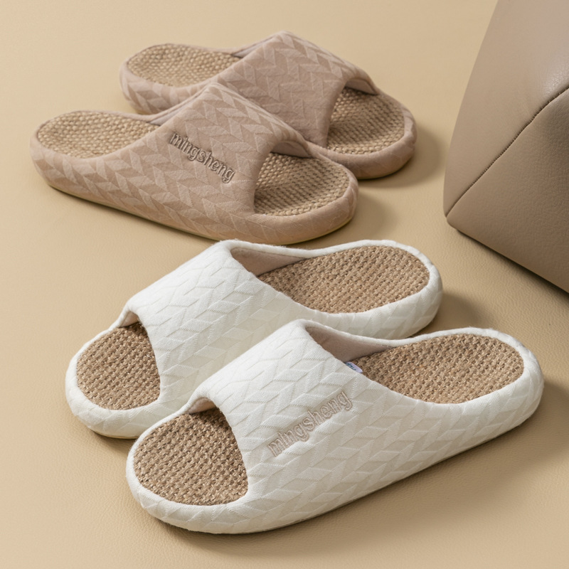 Pantoufles d'intérieur en lin pour femmes, idéales pour toutes les saisons, semelle épaisse, rehaussantes, respirantes et antidérapantes._voghion.com