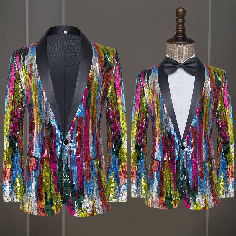 Men colorful sequined jazz dance coats host band singer dance blazers nightclub bar rehearsal stage performance dress suit for male