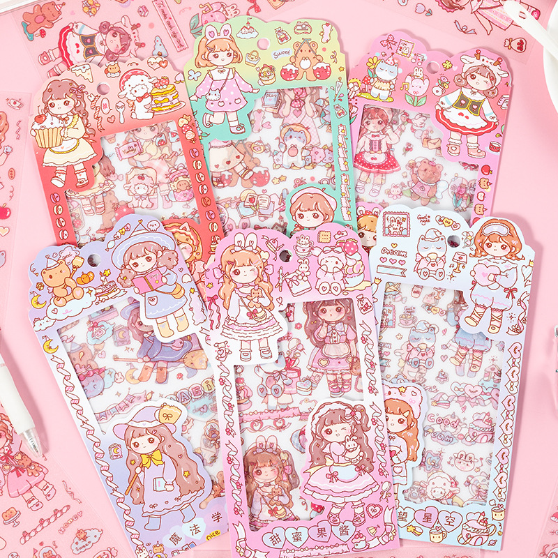 Dibujos animados miel Salsa chica pegatinas linda chica corazón impermeable PVC carácter decorativo pegatinas DIY diario material pegatinas