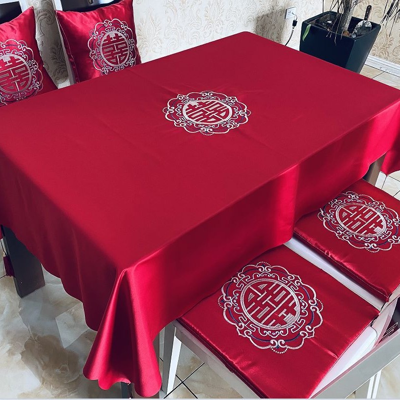 Tela de mesa de bodas, bandera de boda, mesa de té, tela roja china, ropa de mesa bordada, artículos de boda