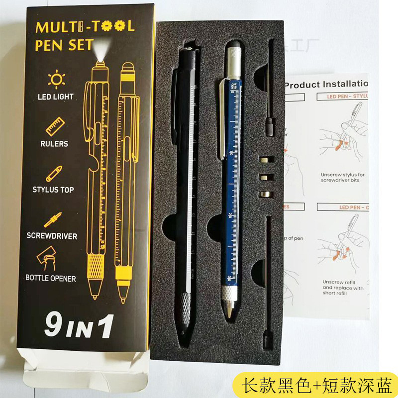 Estuche para bolígrafos con abridor de botellas 9 en 1, bolígrafo con luz LED, herramienta multifuncional, bolígrafo de metal 6 en 1, bolígrafo de regalo