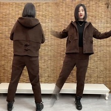 套装女秋冬新款加绒加厚广场舞连帽中老年哈伦裤雪尼尔两件套