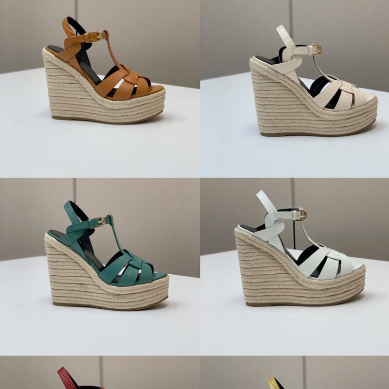 Stone Pattern 2025 New Genuine Leather High Heel Wedge Sandals with Rope Woven Platform Roman Platform Open Toe Women's Shoes