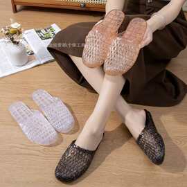 夏季水晶果冻塑料包头女款拖鞋纯色平底女家居外穿PVC一字拖批发