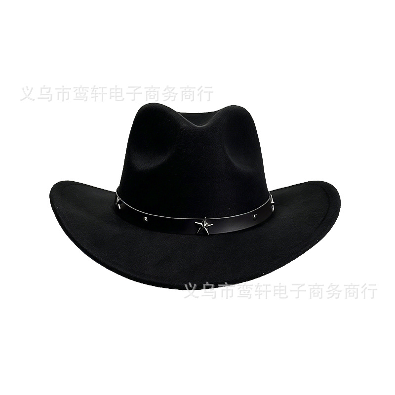 Cross-Border Woolen Western Cowboy Hat in Stock, Black Five-Pointed Star Belt Woolen Jazz Hat, Fedora, Knight's Hat