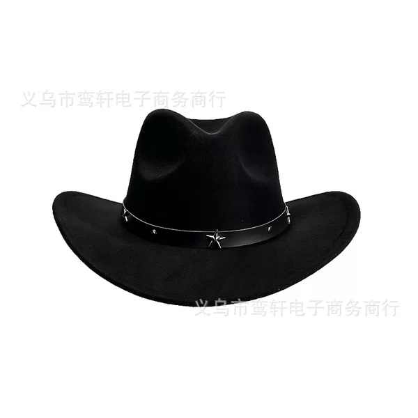 Cross-Border Woolen Western Cowboy Hat in Stock, Black Five-Pointed Star Belt Woolen Jazz Hat, Fedora, Knight's Hat