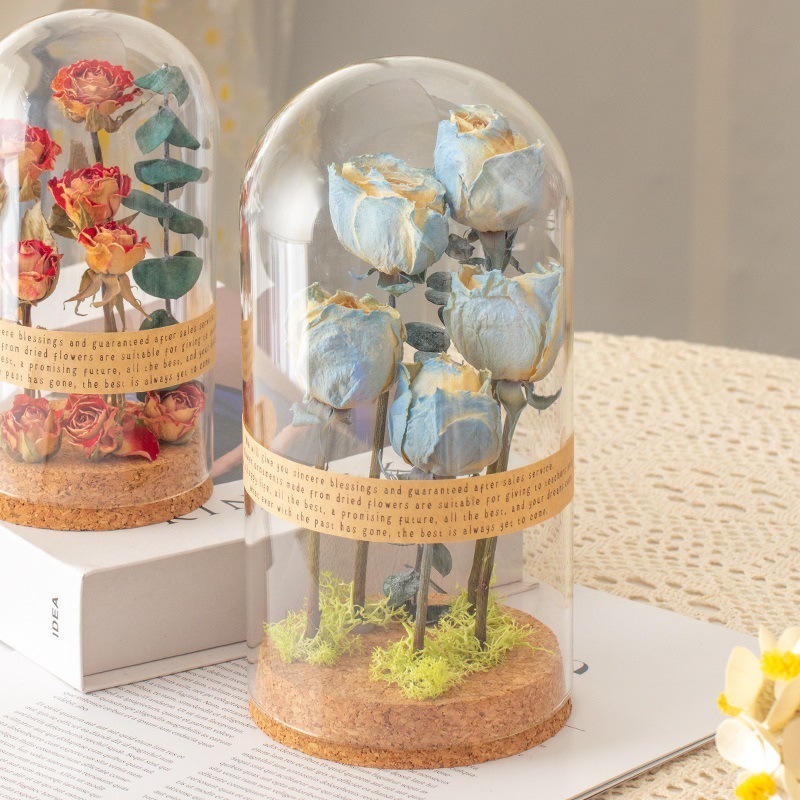 52 Cubierta de vidrio de flor eterna 0 Adornos de regalo de hielo triturado de San Valentín Flor seca azul Flor de rosa Regalo de cumpleaños para mujer Ramo real