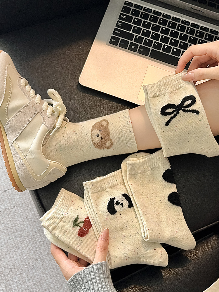 Holiday, Banquet, Travel Occasion Cherry, Bear Pattern Spring&Summer, Autumn Season Women's Gender Casual Elegant Lady Women's Cherry Bear Cotton Crew Socks A Pair