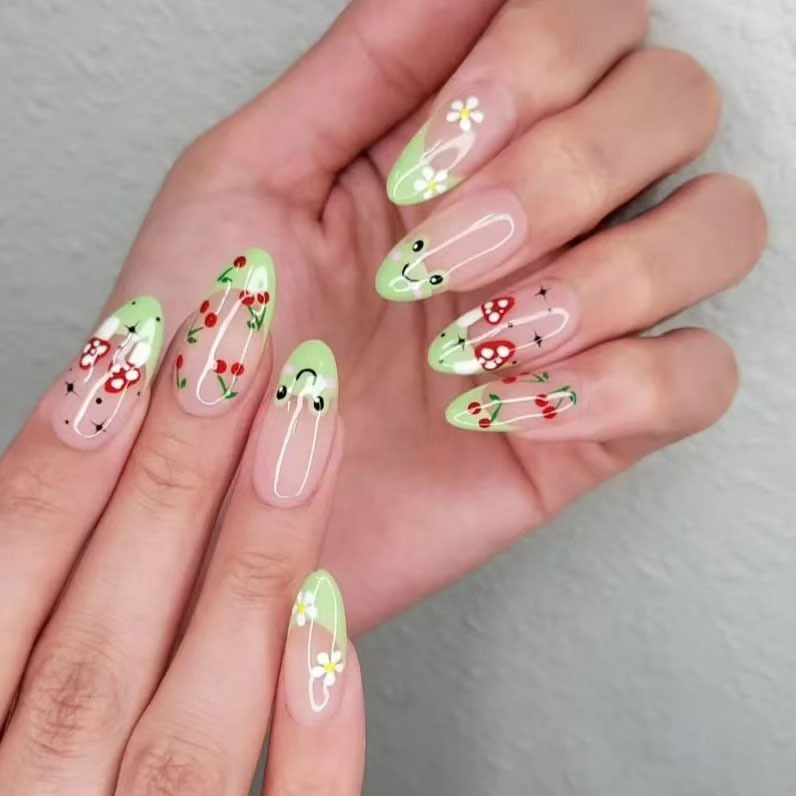 X-0532 Wearing Armor European and American Almond-shaped Fresh Green French Frog Wearing Manicure 24 Removable Pieces
