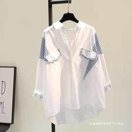 宽松棉麻衬衫女竖潮条纹新款白色拼接假两件衬衣上衣韩版2022春季