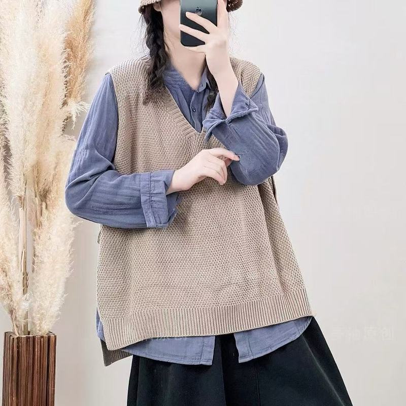 2025春秋新款深V领棉线马甲女士无袖上衣文艺复古风宽松气质背心|undefined